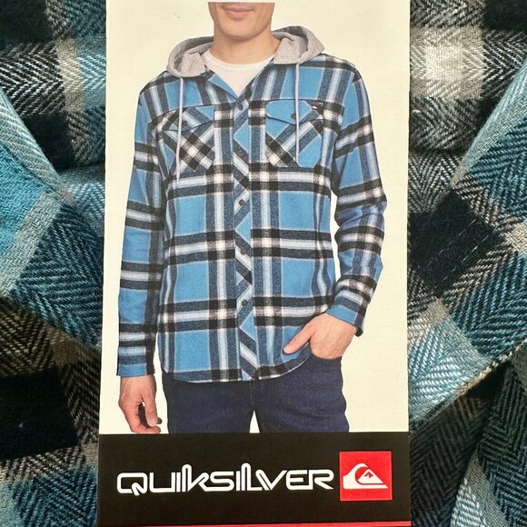 Quiksilver Men's Hooded Buttoned Flannel Shirt Size M Blue Plaid Y2K Grunge NEW - Picture 4 of 13